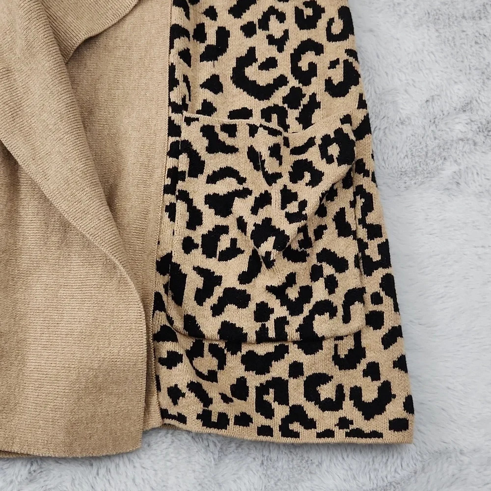 Yes Lola Leopard Print Open Front Cardigan Sweater Size Small Tan Black - Picture 11 of 12